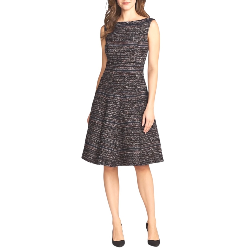 Talbot Runhof Luxe Dress Blue Boucle Boat Neck Fit And Flare Sleeveless Size 6
